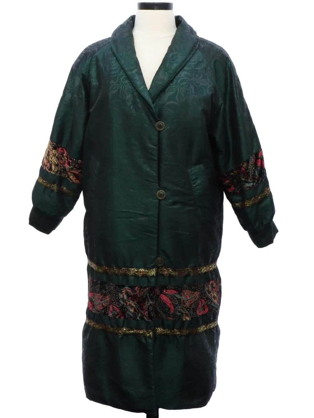 Vintage 80s Long Green Raincoat Jacket Floral Trim Midi Embroidered Women’s XL